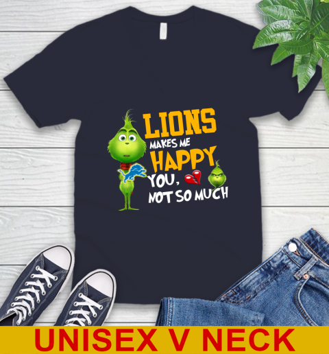NFL Detroit Lions Makes Me Happy You Not So Much Grinch Football Sports V-Neck T-Shirt 2