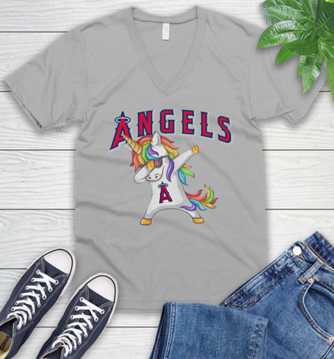 Los Angeles Angels MLB Baseball Funny Unicorn Dabbing Sports V-Neck T-Shirt 4