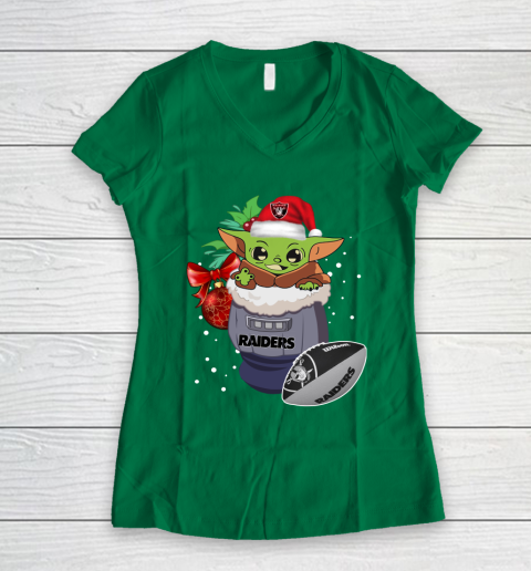 Oakland Raiders Christmas Baby Yoda Star Wars Funny Happy NFL Women's V-Neck T-Shirt 5