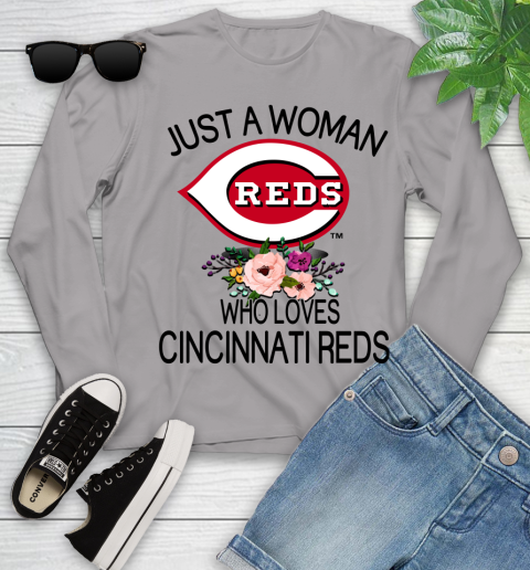 MLB Just A Woman Who Loves Cincinnati Reds Baseball Sports Youth Long Sleeve 3