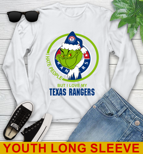 Texas Rangers MLB Christmas Grinch I Hate People But I Love My Favorite Baseball Team Youth Long Sleeve
