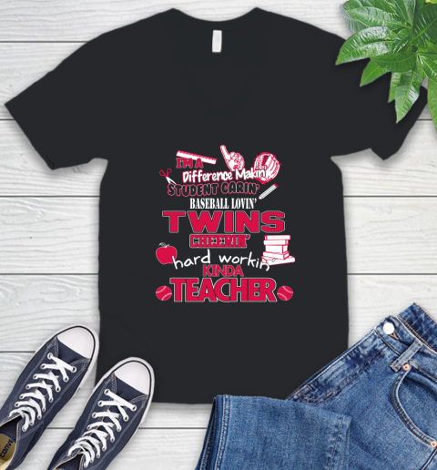 Minnesota Twins MLB I'm A Difference Making Student Caring Baseball Loving Kinda Teacher V-Neck T-Shirt