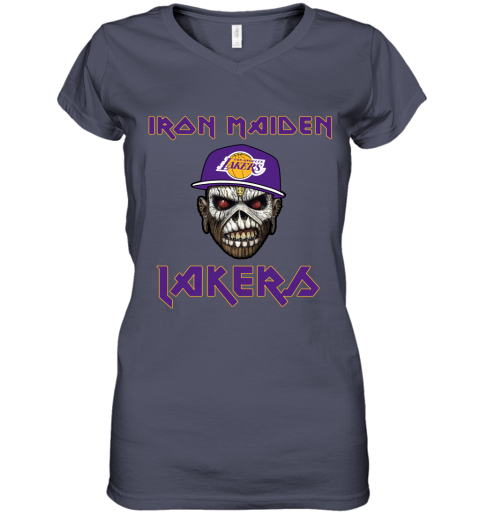 h1ur nba los angeles lakers iron maiden rock band music basketball women v neck t shirt 39 front heather navy