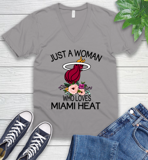NBA Just A Woman Who Loves Miami Heat Basketball Sports V-Neck T-Shirt 2