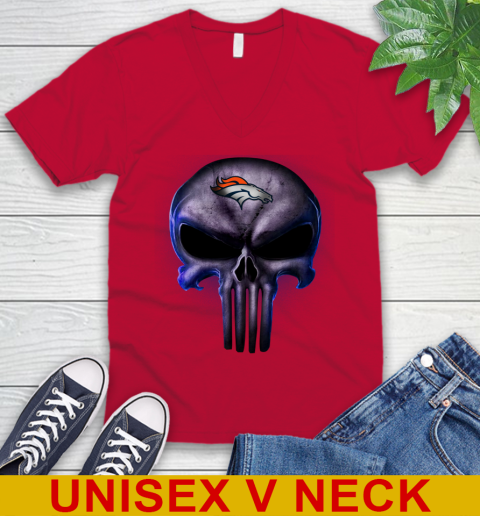Denver Broncos NFL Football Punisher Skull Sports V-Neck T-Shirt 6