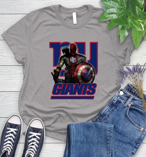 NFL Captain America Thor Spider Man Hawkeye Avengers Endgame Football New York Giants Women's T-Shirt 5