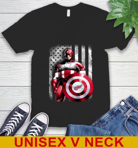 Detroit Red Wings NHL Hockey Captain America Marvel Avengers American Flag Shirt V-Neck T-Shirt