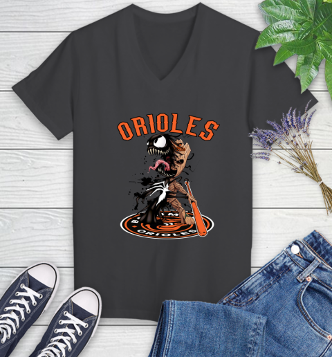 MLB Baltimore Orioles Baseball Venom Groot Guardians Of The Galaxy Women's V-Neck T-Shirt 8