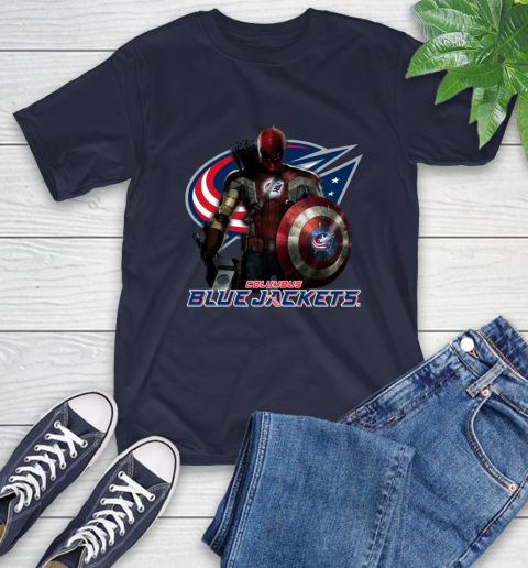 NHL Captain America Thor Spider Man Hawkeye Avengers Endgame Hockey Columbus Blue Jackets T-Shirt 4