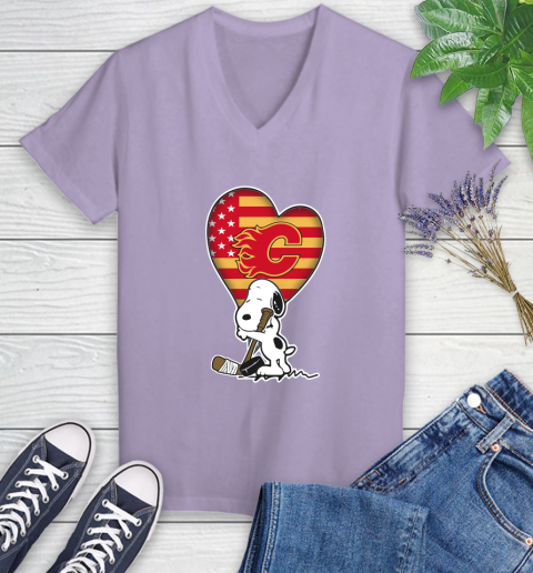 Calgary Flames NHL Hockey The Peanuts Movie Adorable Snoopy Women's V-Neck T-Shirt 14