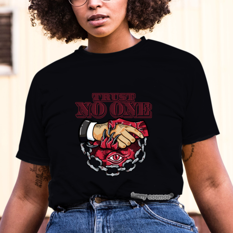 Air Jordan 1 Reverse Bred Matching Sneaker Tshirt Trust No One Eye Red and Black Jordan Tshirt