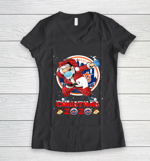 New York Mets Funny Santa Claus Dabbing Christmas 2020 MLB Women's V-Neck T-Shirt 6