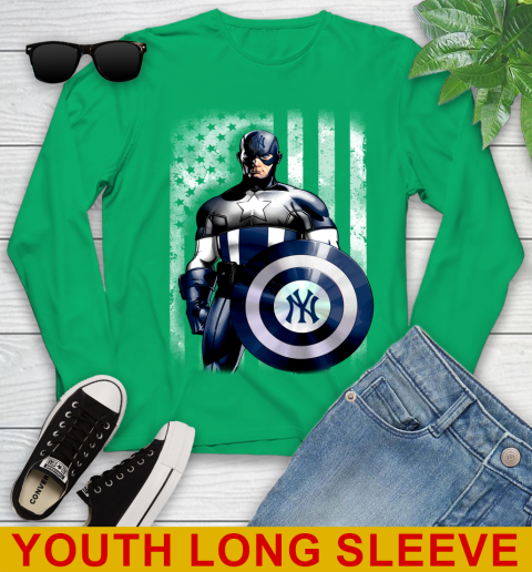 New York Yankees MLB Baseball Captain America Marvel Avengers American Flag Shirt Youth Long Sleeve 7