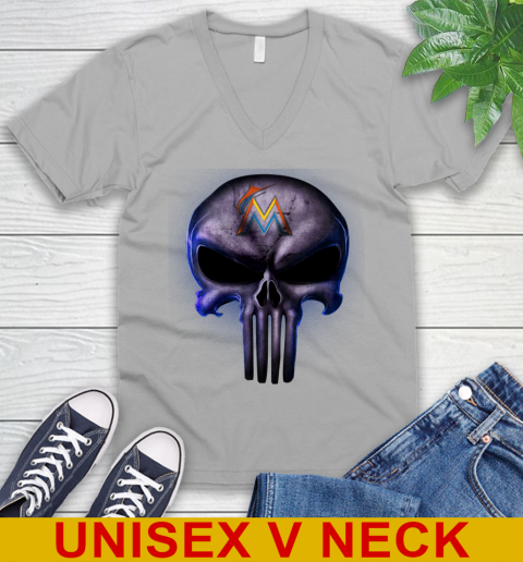 Miami Marlins MLB Baseball Punisher Skull Sports V-Neck T-Shirt 3