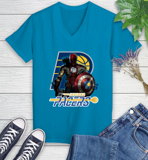Indiana Pacers NBA Basketball Captain America Thor Spider Man Hawkeye Avengers Women's V-Neck T-Shirt 7