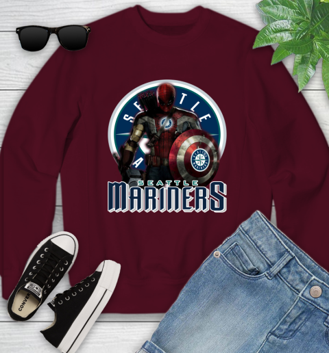 MLB Captain America Thor Spider Man Hawkeye Avengers Endgame Baseball Seattle Mariners Youth Sweatshirt 5