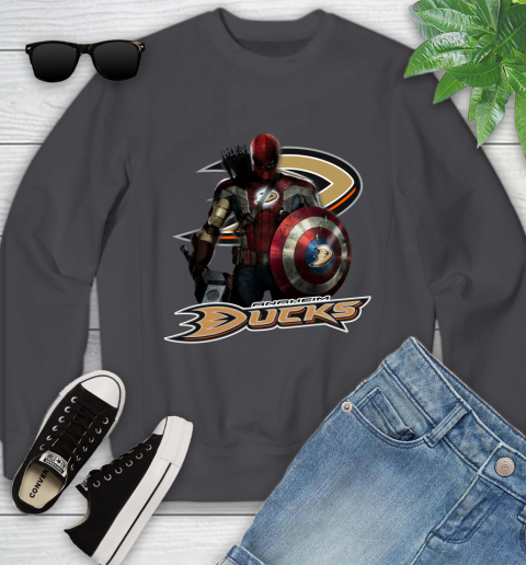 NHL Captain America Thor Spider Man Hawkeye Avengers Endgame Hockey Anaheim Ducks Youth Sweatshirt 6