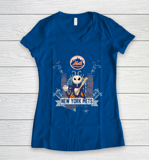 MLB New York Mets Baseball Jack Skellington Halloween Women's V-Neck T-Shirt 7