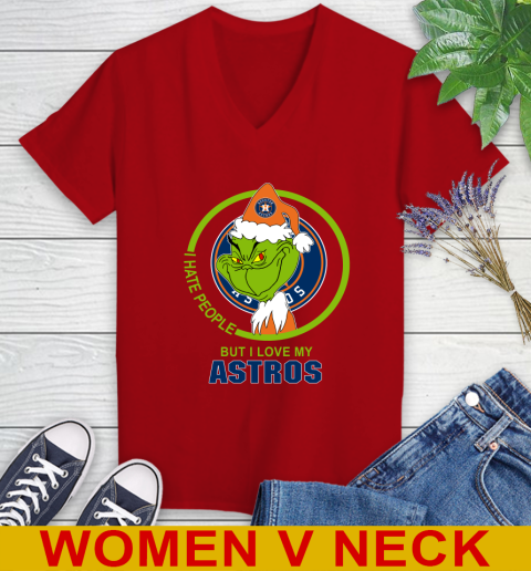 Houston Astros MLB Christmas Grinch I Hate People But I Love My Favorite Baseball Team Women's V-Neck T-Shirt 12