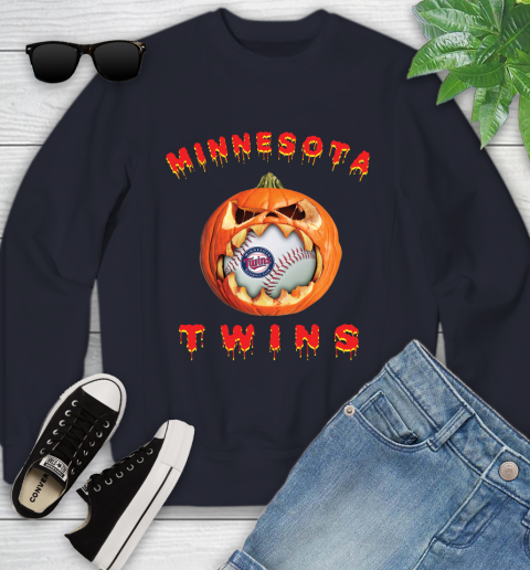MLB Minnesota Twins Halloween Pumpkin Baseball Sports Youth Sweatshirt 3