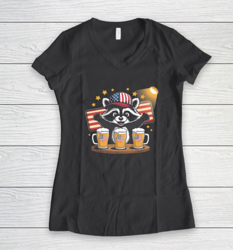 Raccoon red white and brew Funny Independence Day 4th of July Women's V-Neck T-Shirt 4