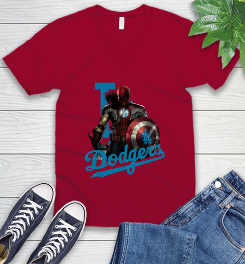 MLB Captain America Thor Spider Man Hawkeye Avengers Endgame Baseball Los Angeles Dodgers V-Neck T-Shirt 8