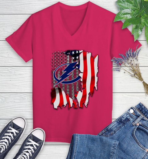 Tampa Bay Lightning NHL Hockey American Flag Women's V-Neck T-Shirt 9