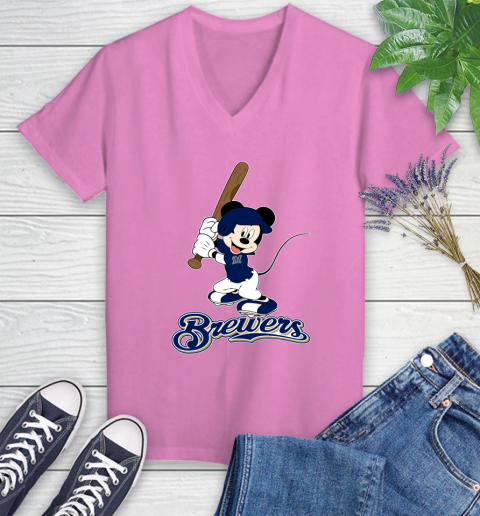 MLB Baseball Milwaukee Brewers Cheerful Mickey Mouse Shirt Women's V-Neck T-Shirt 12