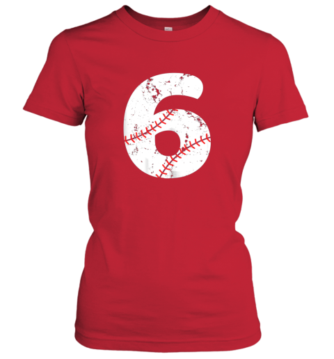 snyr number 6 baseball vintage distressed team ladies t shirt 20 front red