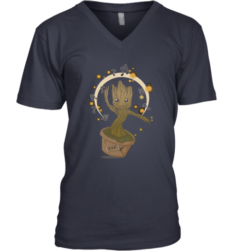 qqa1 baby groot dancing to music guardians of the galaxy shirts v neck unisex 8 front navy