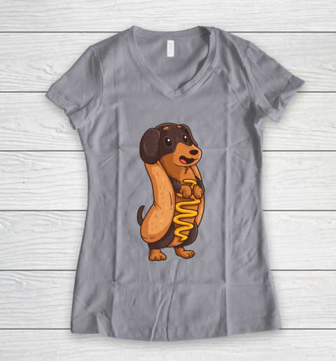 Wiener Dog Hotdog Bun Dachshund Funny Foodie Gift Hot Dog Women's V-Neck T-Shirt 2