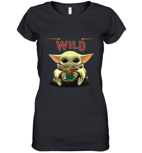 Baby Yoda Hugs The Minnesota Wild Ice Hockey Women's V-Neck T-Shirt