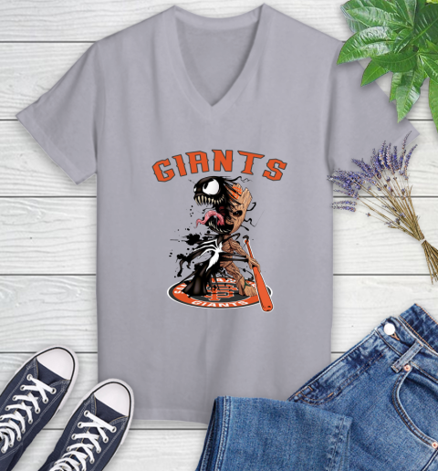 MLB San Francisco Giants Baseball Venom Groot Guardians Of The Galaxy Women's V-Neck T-Shirt 4