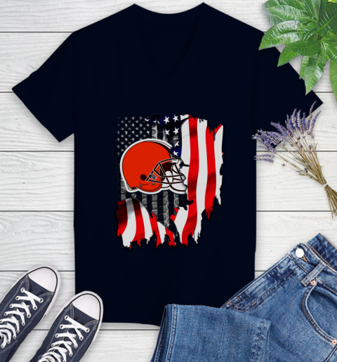 Cleveland Browns NFL Football American Flag Women's V-Neck T-Shirt 3 Cleveland Browns NFL Football American Flag Women's V-Neck T-Shirt - Image 3
