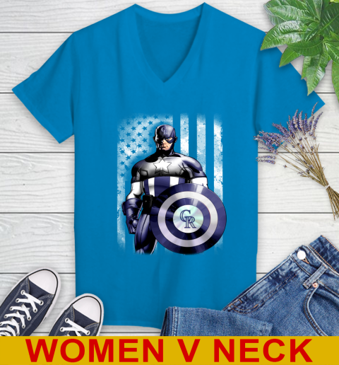 Colorado Rockies MLB Baseball Captain America Marvel Avengers American Flag Shirt Women's V-Neck T-Shirt 7