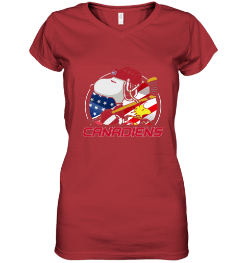 lm7t montreal canadienssnoopy and woodstock nhl women v neck t shirt 39 front red