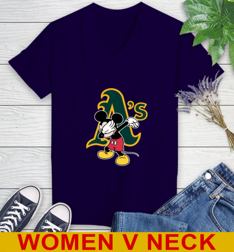 Oakland Athletics MLB Baseball Dabbing Mickey Disney Sports Women's V-Neck T-Shirt 4