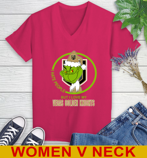 Vegas Golden Knights NHL Christmas Grinch I Hate People But I Love My Favorite Hockey Team Women's V-Neck T-Shirt 10