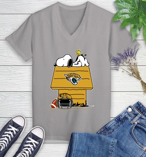 Jacksonville Jaguars NFL Football Snoopy Woodstock The Peanuts Movie Women's V-Neck T-Shirt 4