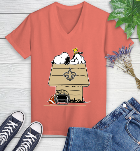 New Orleans Saints NFL Football Snoopy Woodstock The Peanuts Movie Women's V-Neck T-Shirt 6