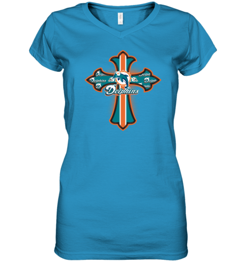 NFL Blue Crusader Cross Miami Dolphins Women's V-Neck T-Shirt - Rookbrand