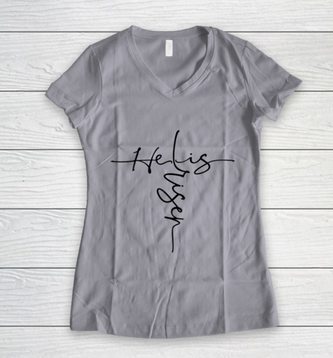Easter He is Risen Cross Christian Women's V-Neck T-Shirt 2