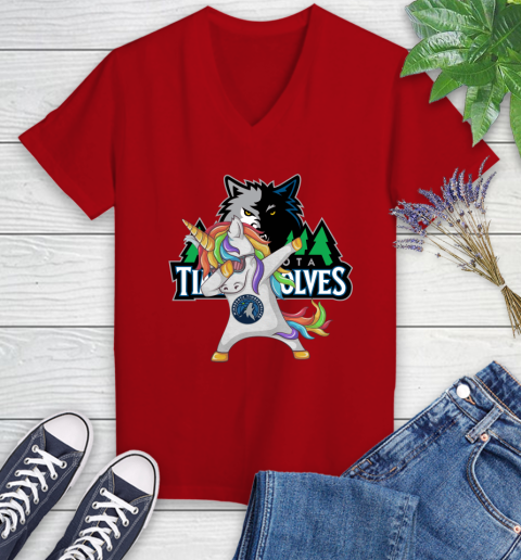 Minnesota Timberwolves NBA Basketball Funny Unicorn Dabbing Sports Women's V-Neck T-Shirt 12