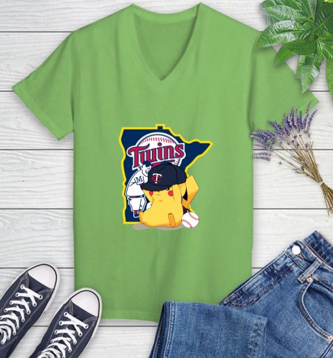 MLB Pikachu Baseball Sports Minnesota Twins Women's V-Neck T-Shirt 11