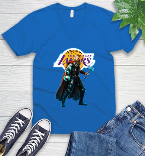 NBA Thor Avengers Endgame Basketball Los Angeles Lakers V-Neck T-Shirt 6