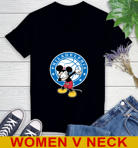 Philadelphia 76ers NBA Basketball Dabbing Mickey Disney Sports Women's V-Neck T-Shirt 2