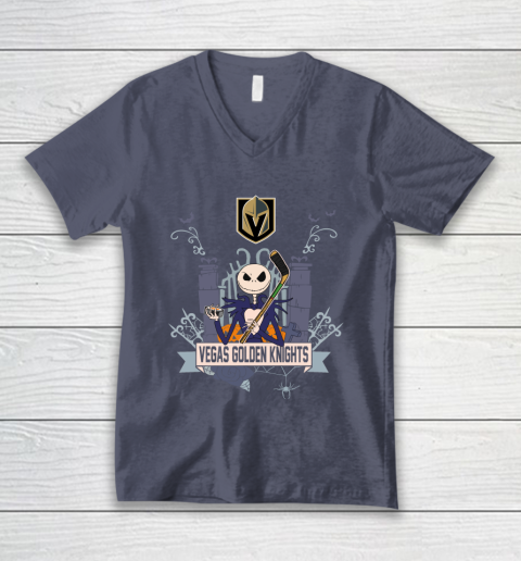 NHL Vegas Golden Knights Hockey Jack Skellington Halloween V-Neck T-Shirt 7