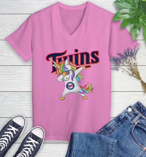 Minnesota Twins MLB Baseball Funny Unicorn Dabbing Sports Women's V-Neck T-Shirt 14