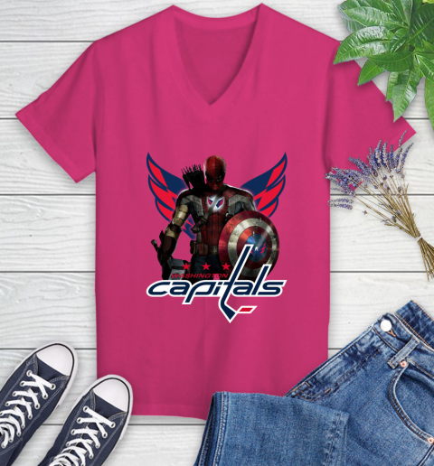 NHL Captain America Thor Spider Man Hawkeye Avengers Endgame Hockey Washington Capitals Women's V-Neck T-Shirt 9