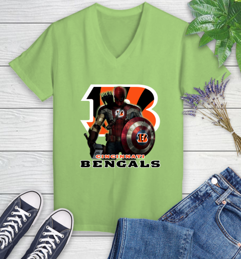 NFL Captain America Thor Spider Man Hawkeye Avengers Endgame Football Cincinnati Bengals Women's V-Neck T-Shirt 11